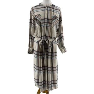 Reiss Cream Lynn Checkered Belted Plaid Long Sleeve Maxi Dress